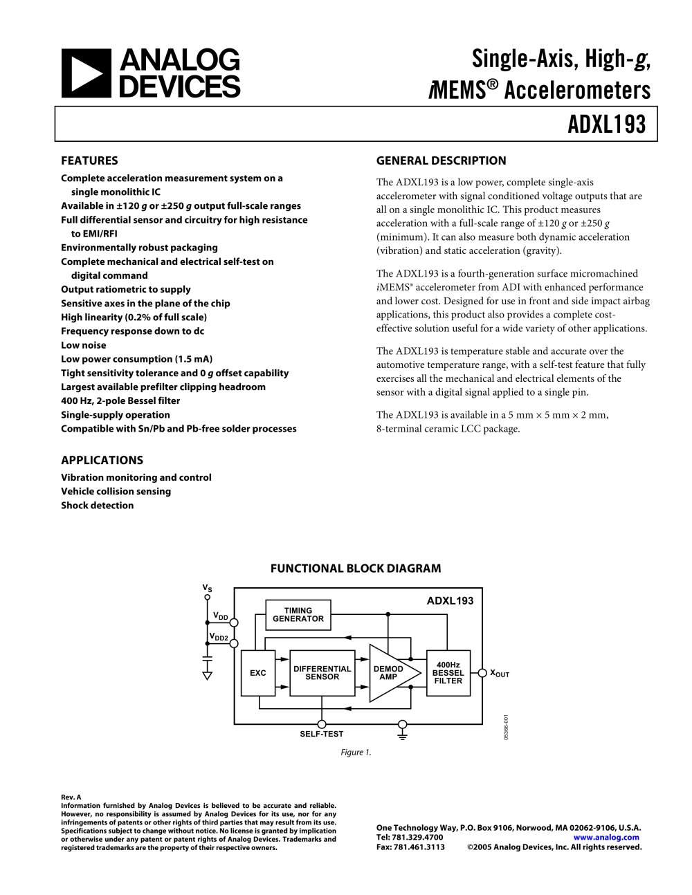 ADXL193 Single-Axis, High-g, iMEMS&reg; Accelerometers - Analog Devices