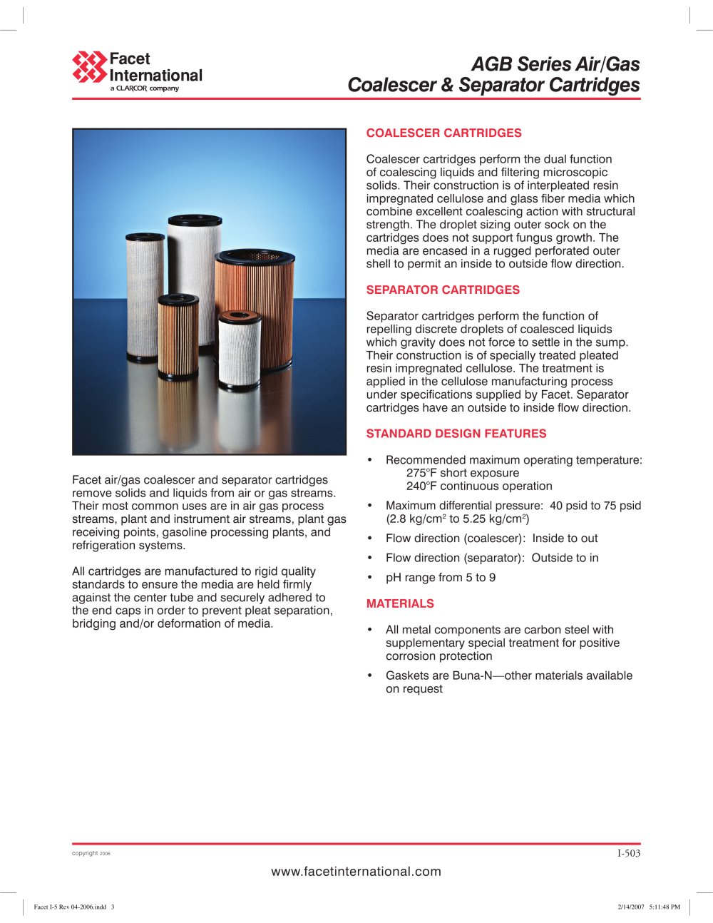 AGB Series air/gas coalescer & separator cartridges - Facet International