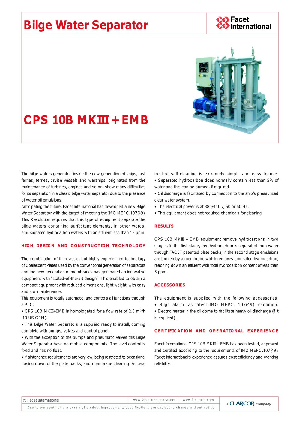CPS 10B MKIII + EMB Bilge Water Separator - Facet International