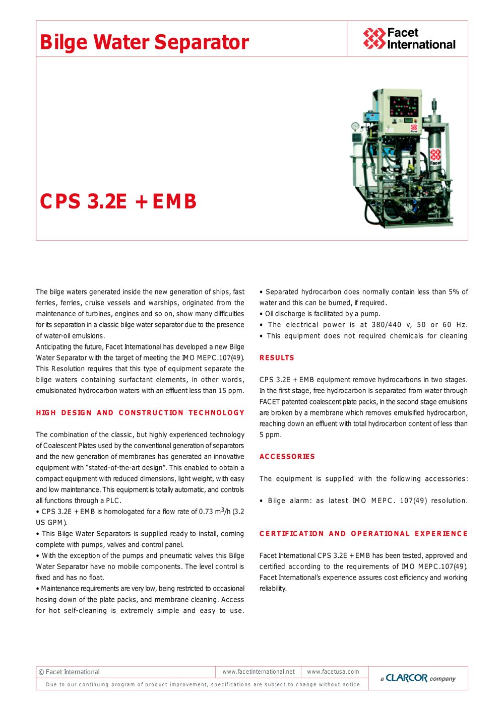 CPS 3.2E + EMB Bilge Water Separator - Facet International