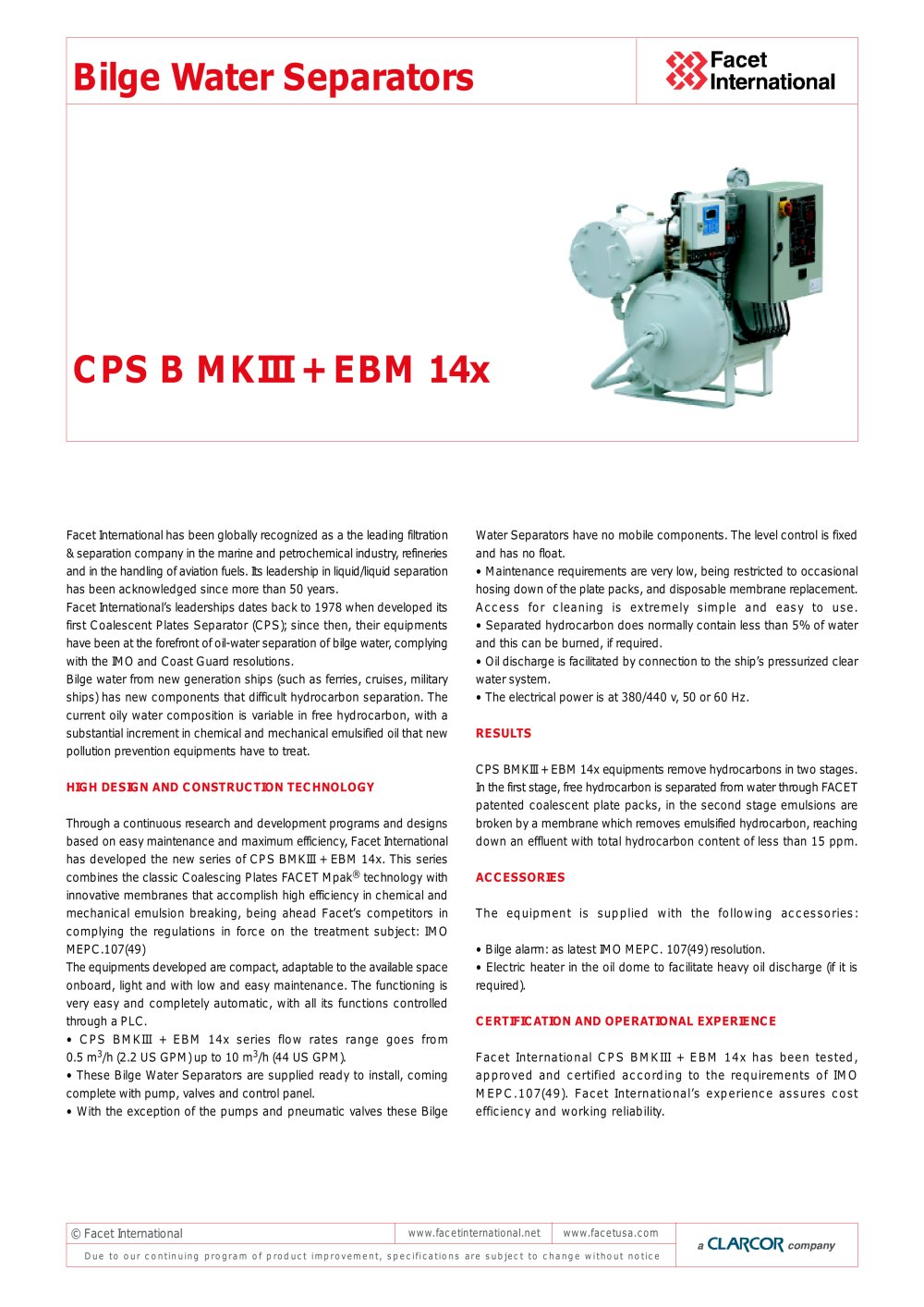 CPS B MK III + EMB 14x Bilge Water Separator - Facet International