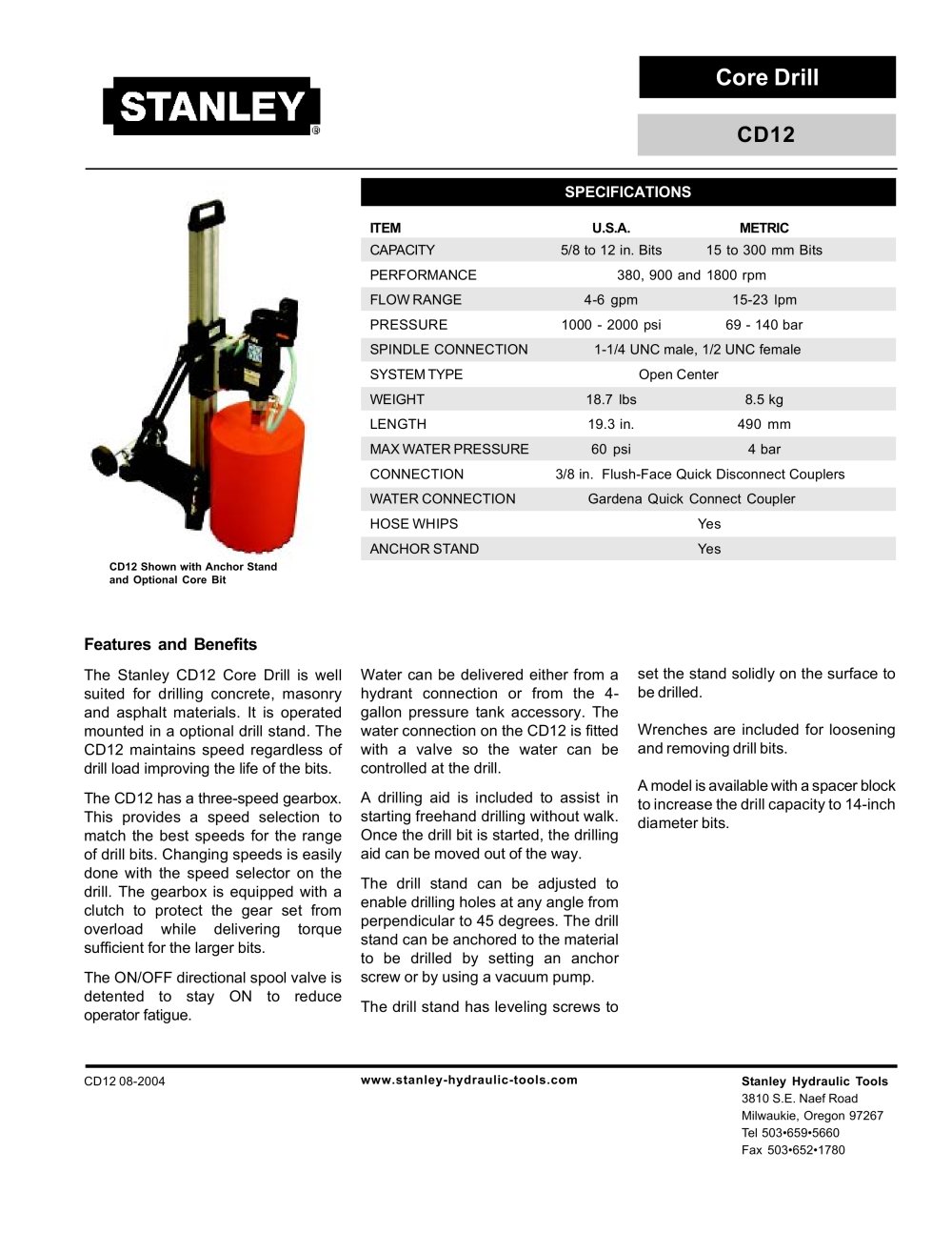 Core Drill - CD12 - Stanley Hydraulic Tools