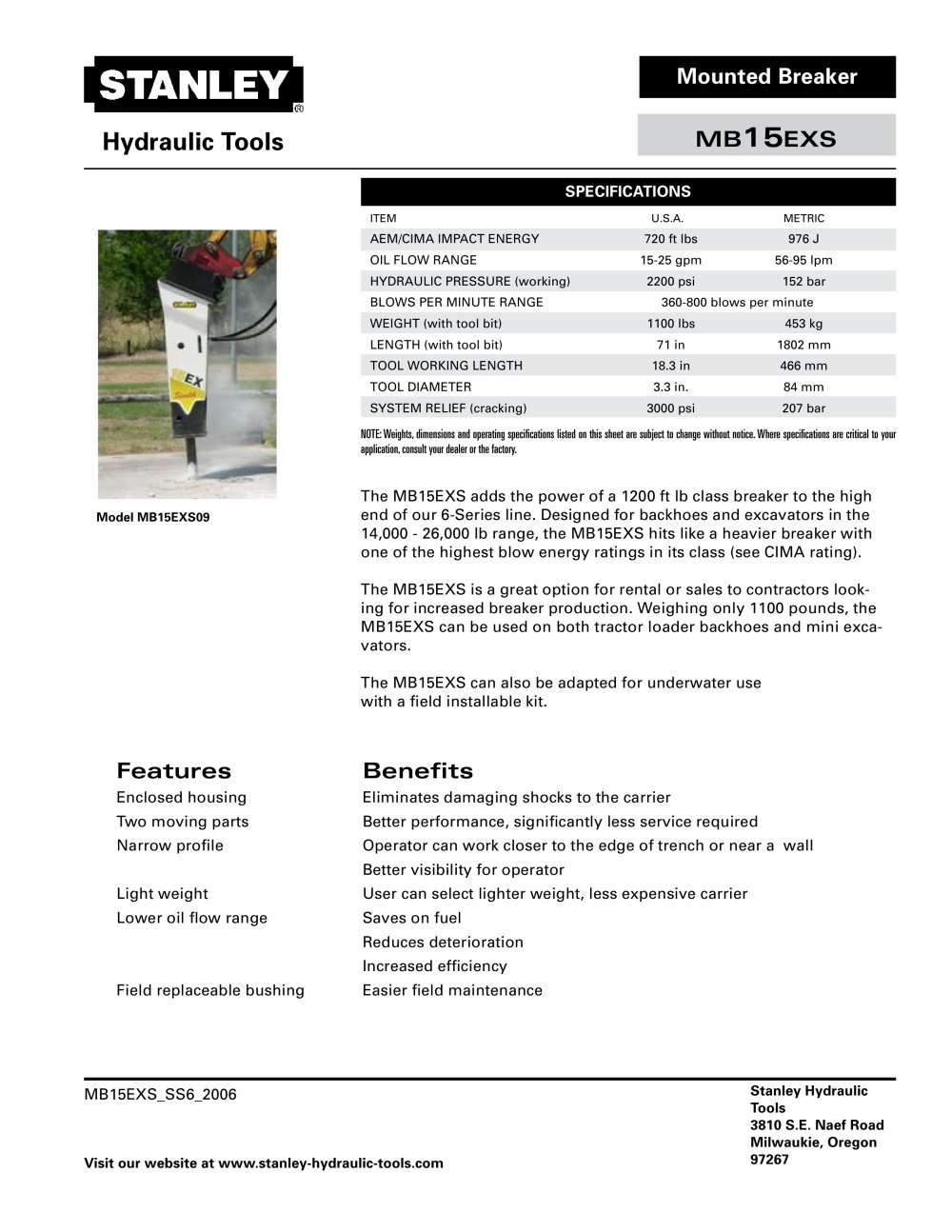 Mounted Breaker - MB15EXS - Stanley Hydraulic Tools