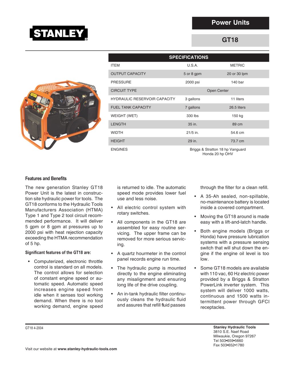 Power Units - GT18 - Stanley Hydraulic Tools