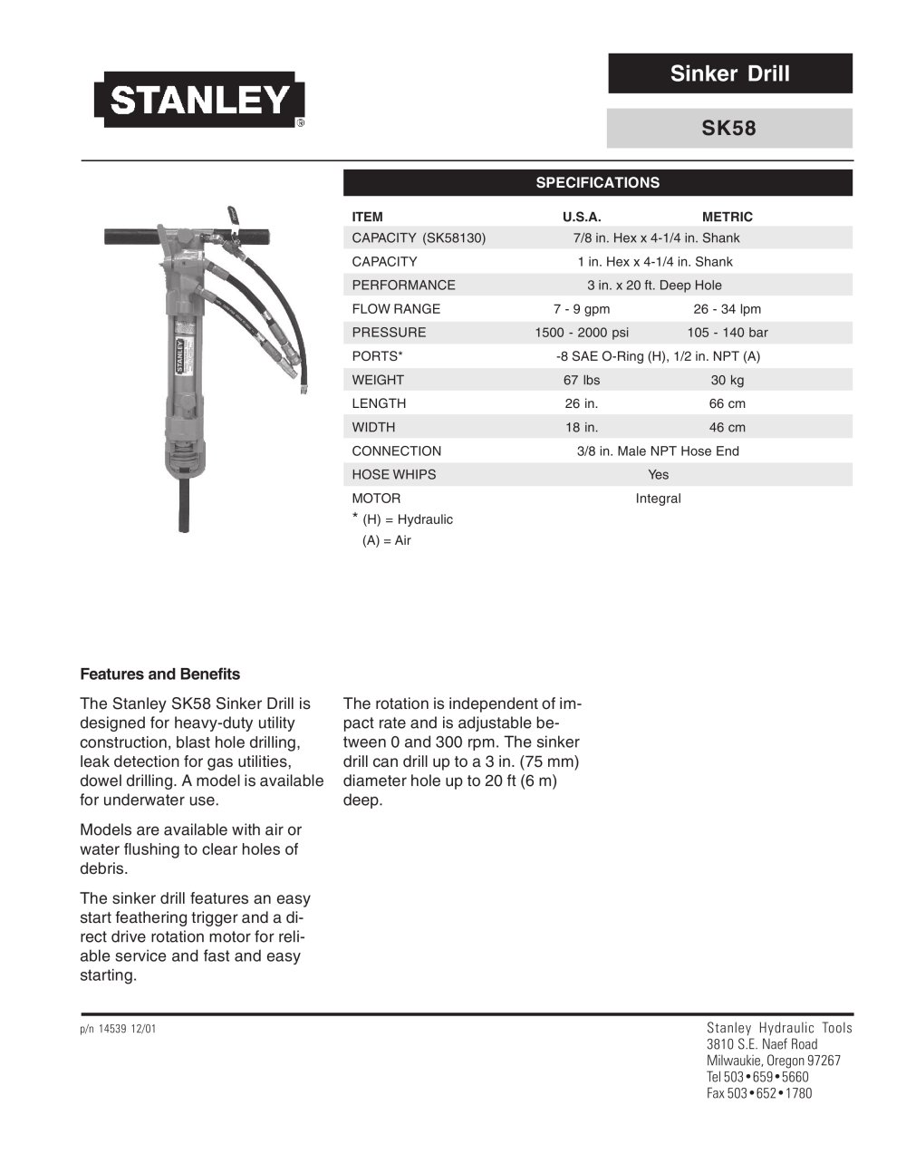 Sinker Drill - SK58 - Stanley Hydraulic Tools