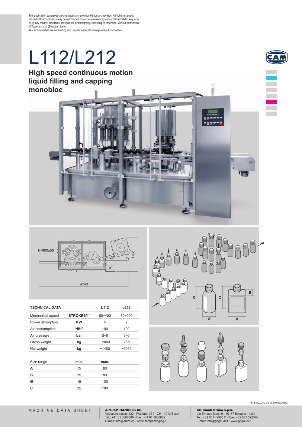 L112/L212 continuous motion liquid filling/capping monobloc - CAM