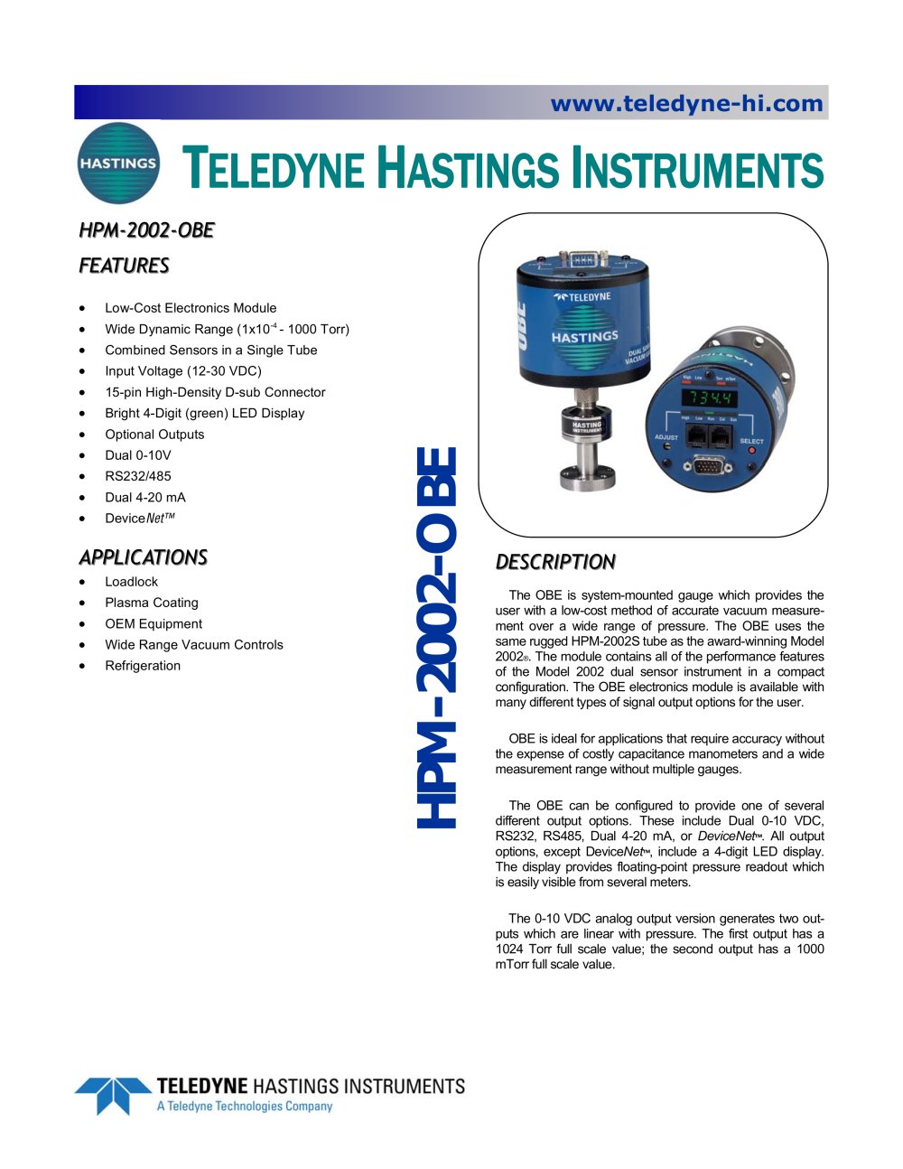 HPM 2002 OBE, Digital Vacuum Gauge - Teledyne Hastings Instruments