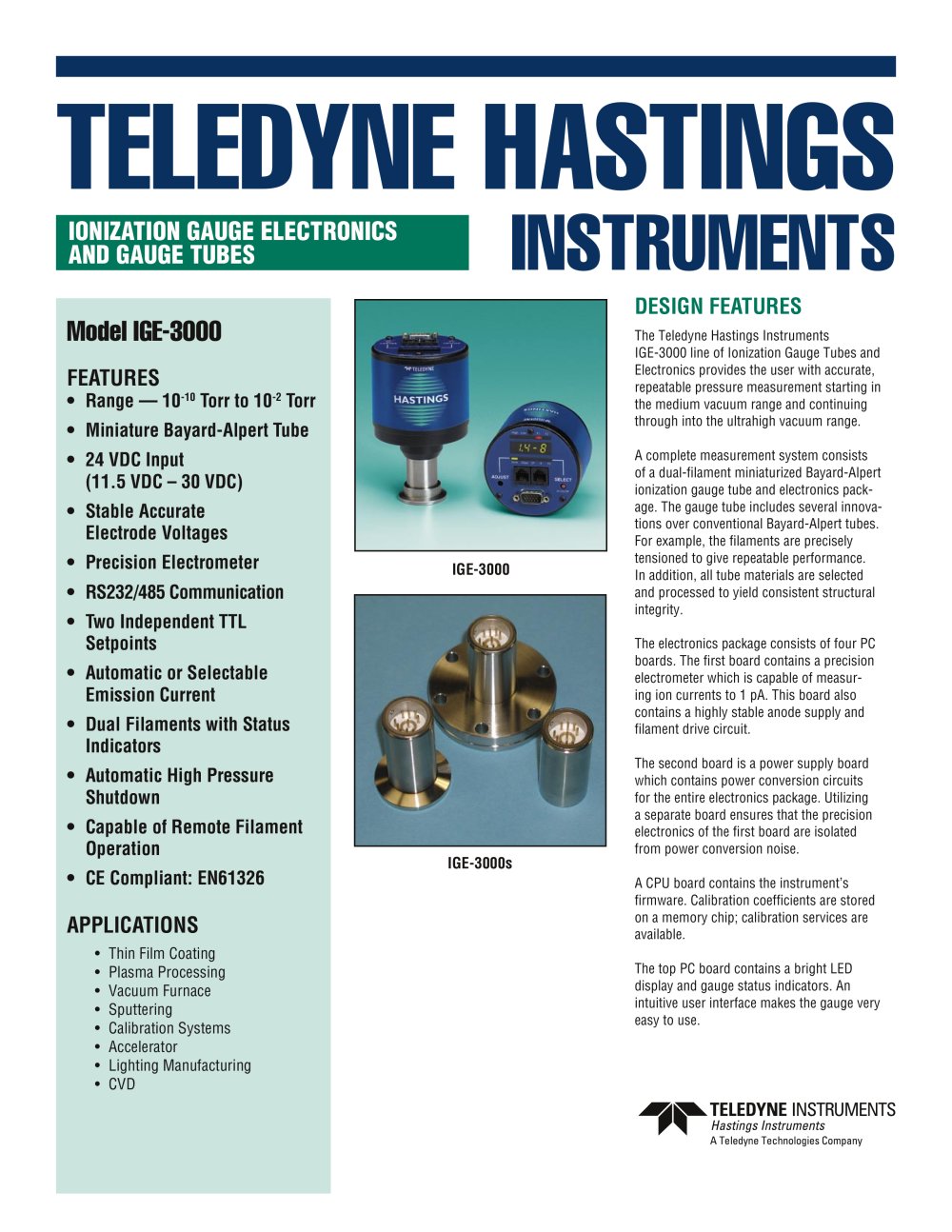 IGE 3000, Digital ionization vacuum gauge - Teledyne Hastings Instruments