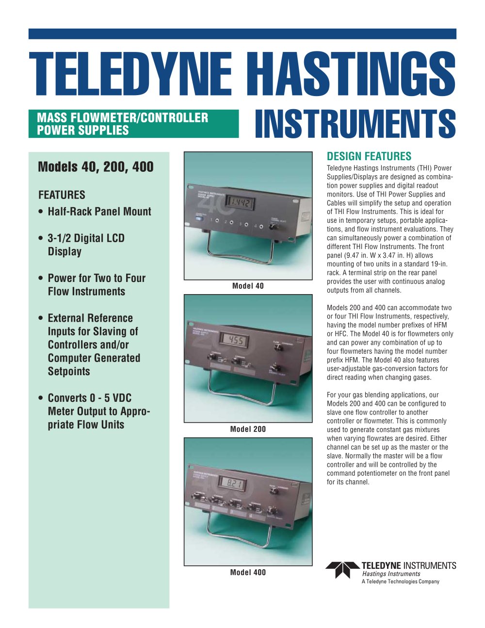 Model 40, 200, & 400 Power Supplies - Teledyne Hastings Instruments