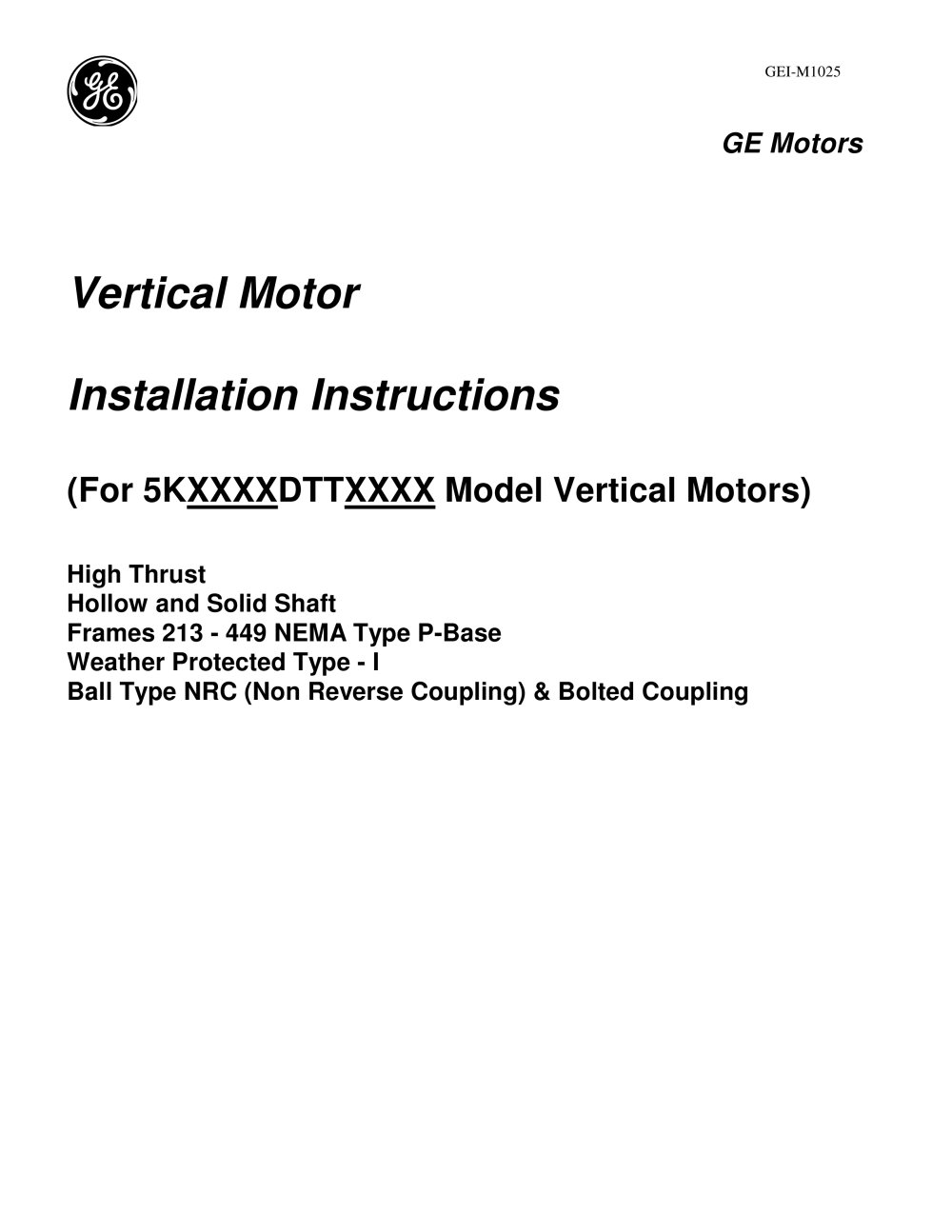 Vertical Motor Installation Instructions - GE Motors