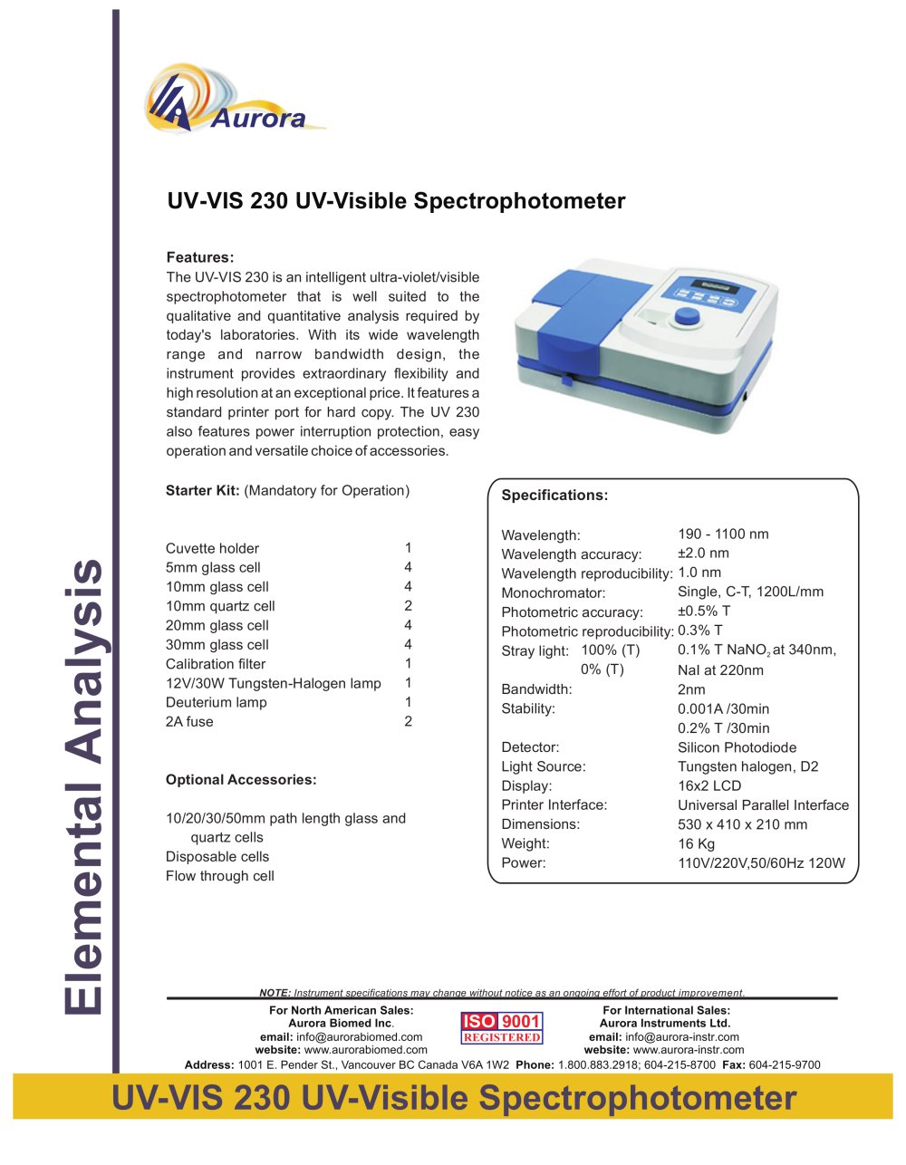 UV VIS 230 Spectrophotometer - Aurora Instruments