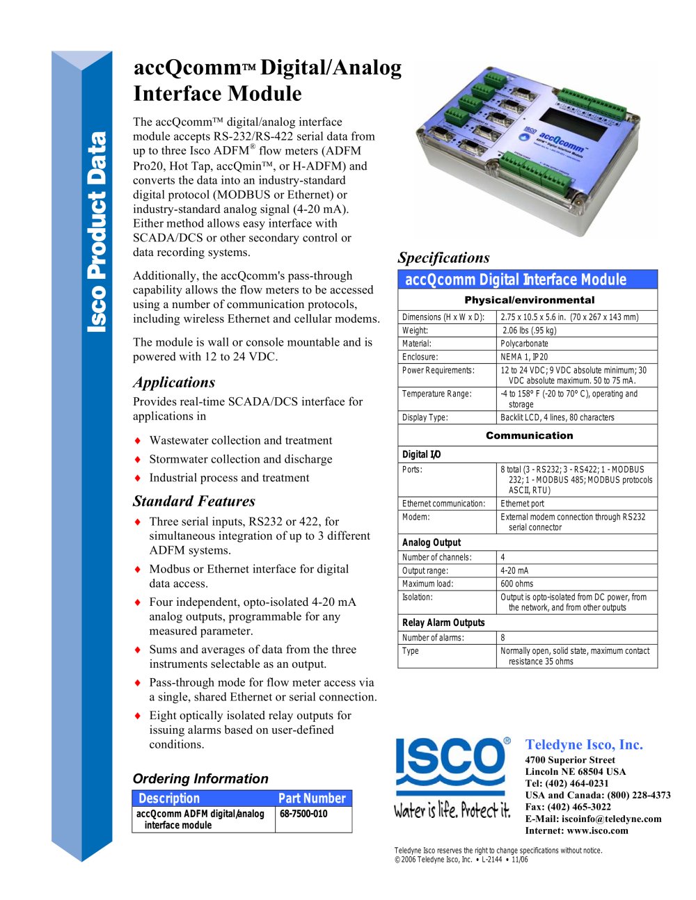 accQcomm� Digital/Analog Interface Module - Teledyne Isco
