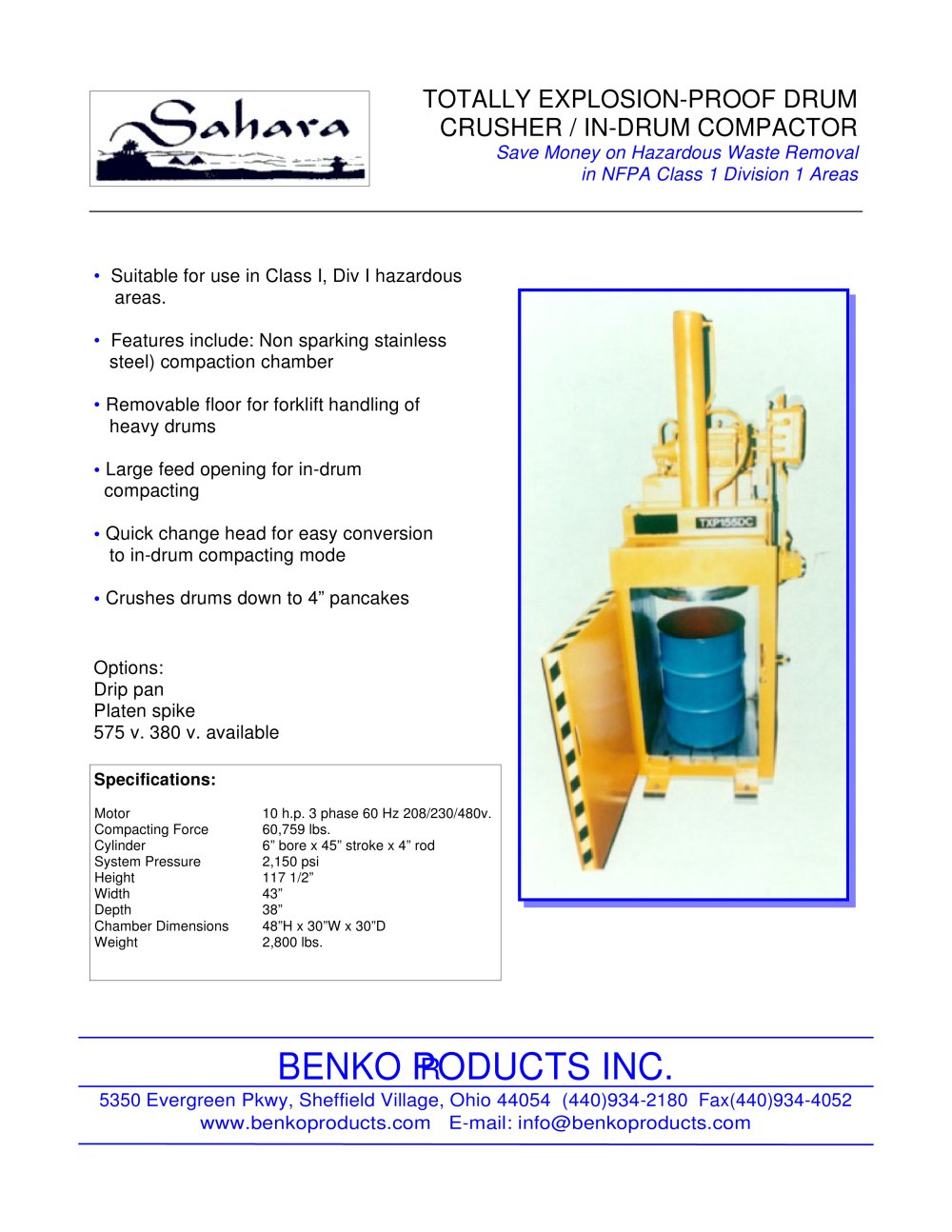 TOTALLY EXPLOSION-PROOF DRUM CRUSHER / IN-DRUM COMPACTOR - Benko