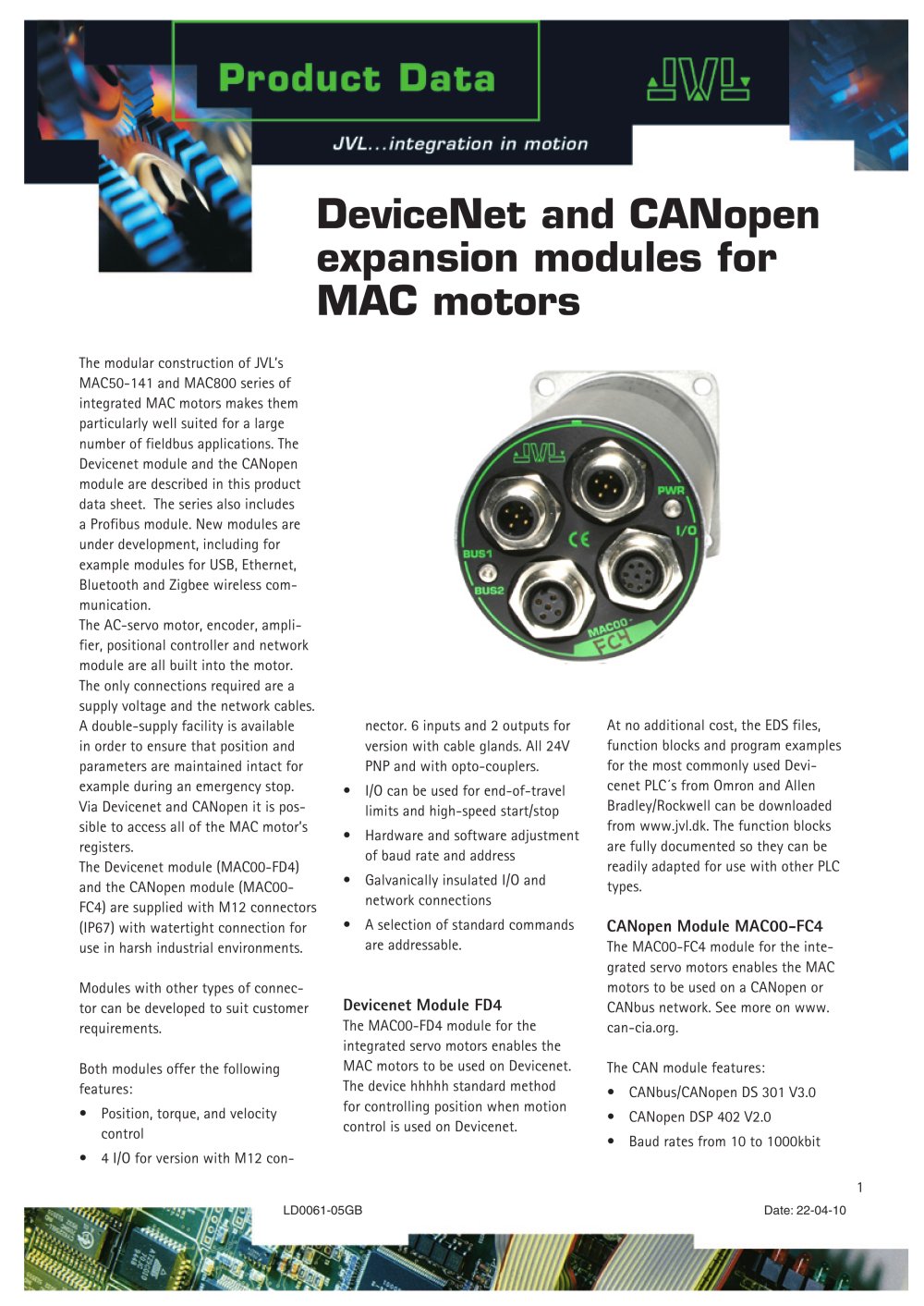 DeviceNet and CANopen expansion modules for MAC motors - JVL