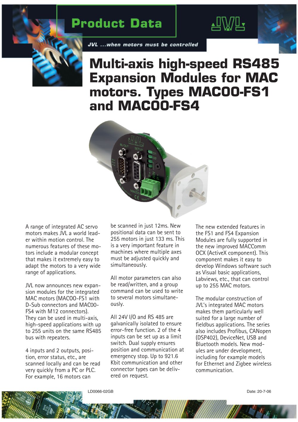 Multi-axis high-speed RS485 Expansion Modules for MAC motors. Types MAC00-FS1 and MAC00-FS4 - JVL