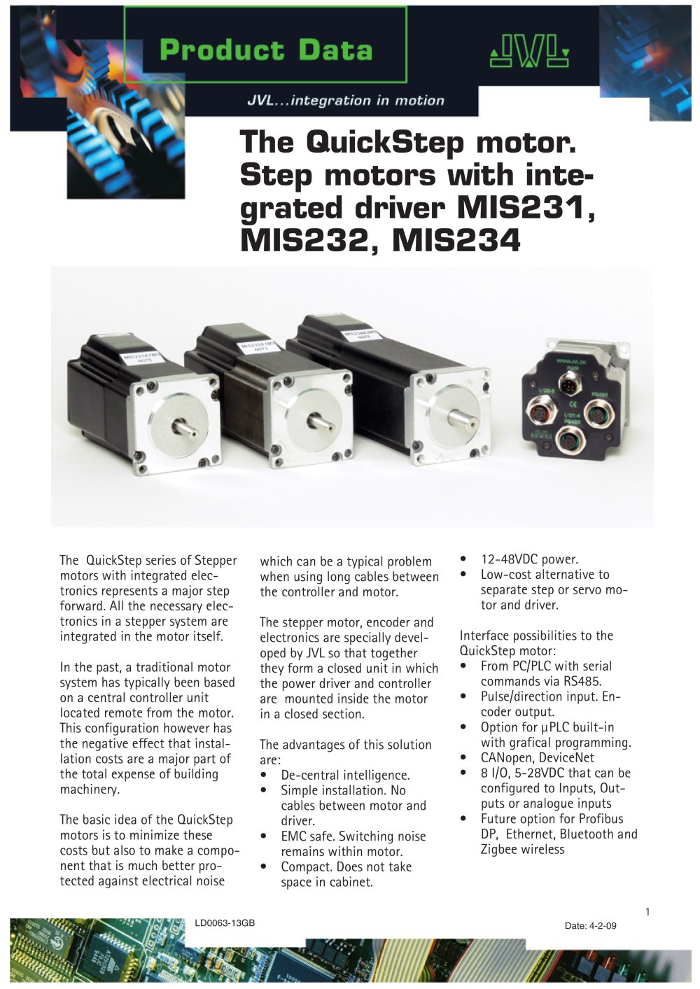 The QuickStep motor. Step motors with integrated driver MIS231, MIS232, MIS234 - JVL