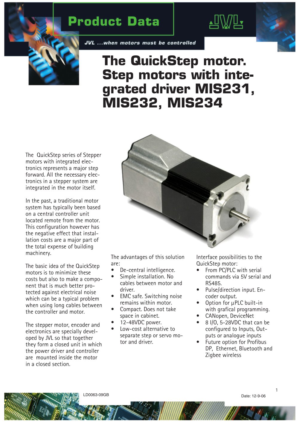 The QuickStep motor. Step motors with integrated driver MIS231, MIS232, MIS234 - JVL