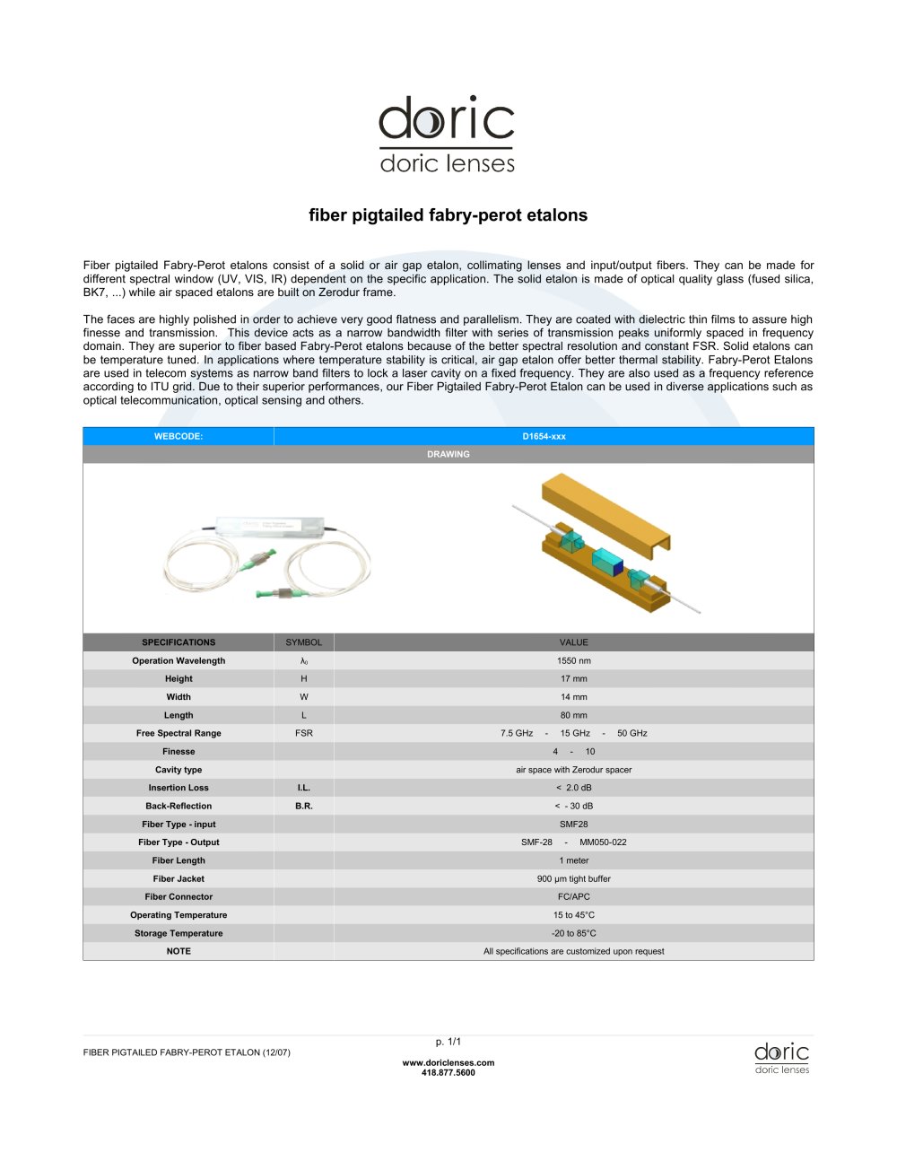 Fiber Pigtailed Fabry-Perot Etalon - Doric Lenses