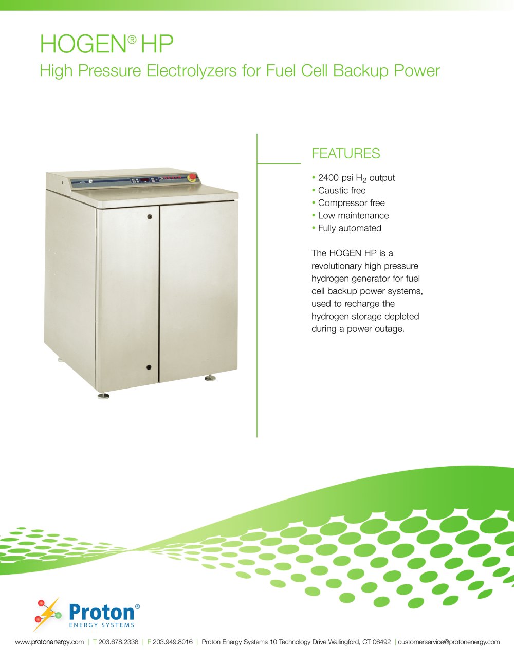High Pressure Hydrogen Generation for Backup Power - Proton Energy Systems