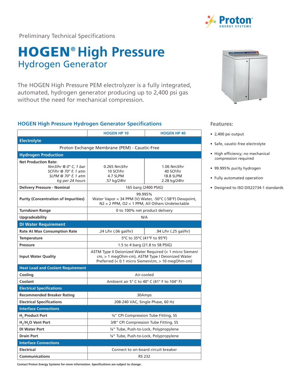 HOGEN HP, high pressure electrolyzer - Proton Energy Systems