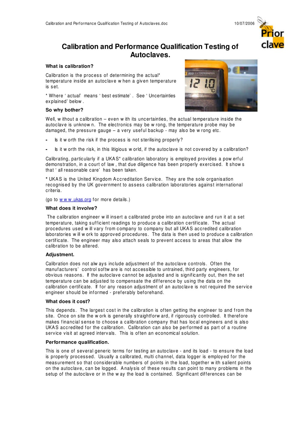 Calibration and Performance Testing of Autoclaves - Priorclave