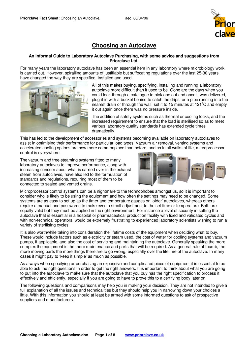 CHOOSING A LABORATORY AUTOCLAVE - Priorclave