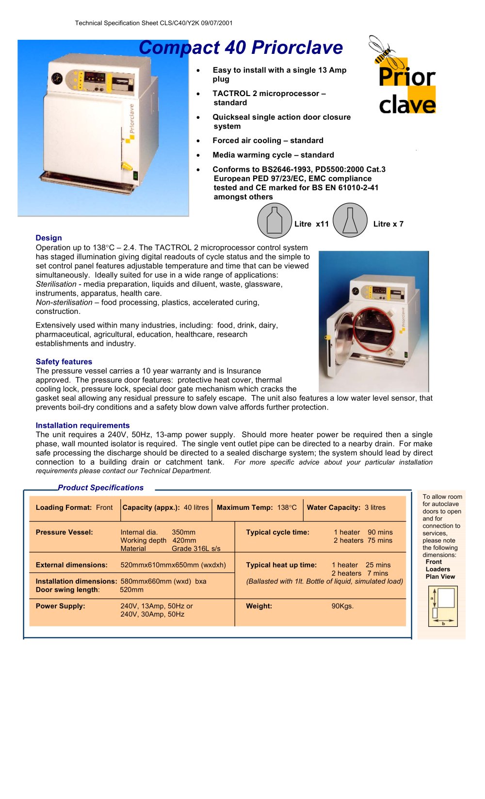 Compact 40 - 40L Benchtop Datasheet - Priorclave