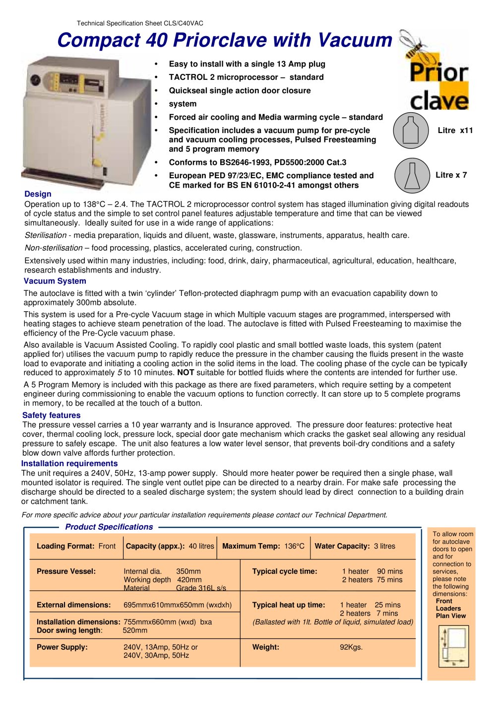 Compact 40 - 40L Vacuum Benchtop Priorclave Datasheet - Priorclave