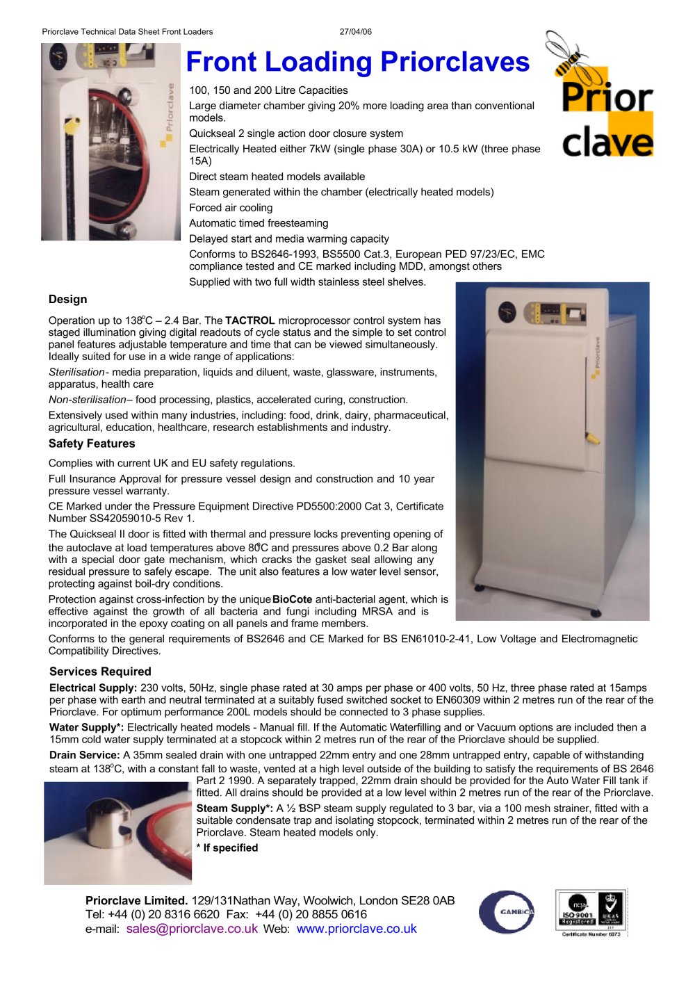 Front Loading Priorclave Datasheet - Priorclave