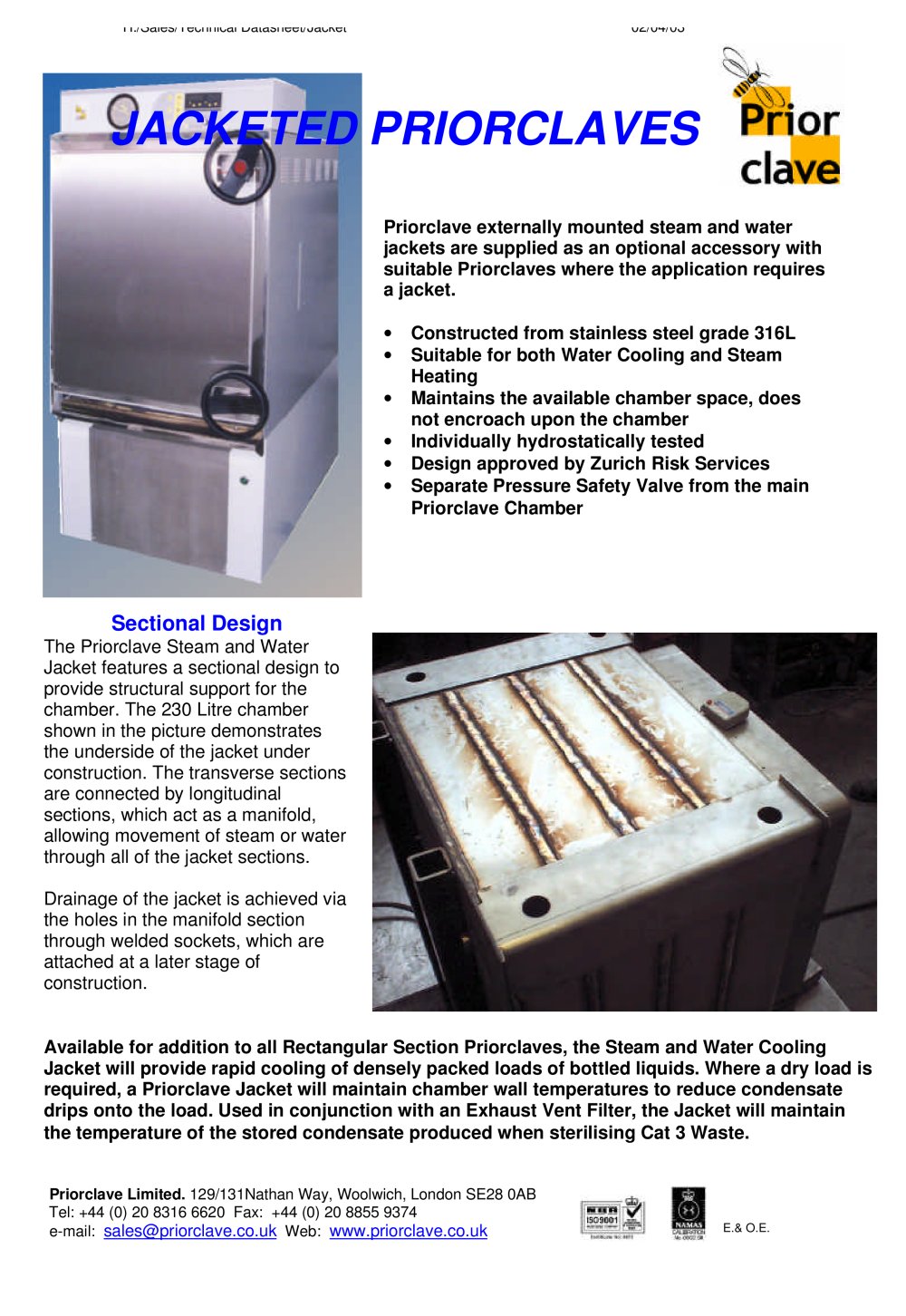 Steam and Water Jackets for Priorclave Autoclaves - Priorclave
