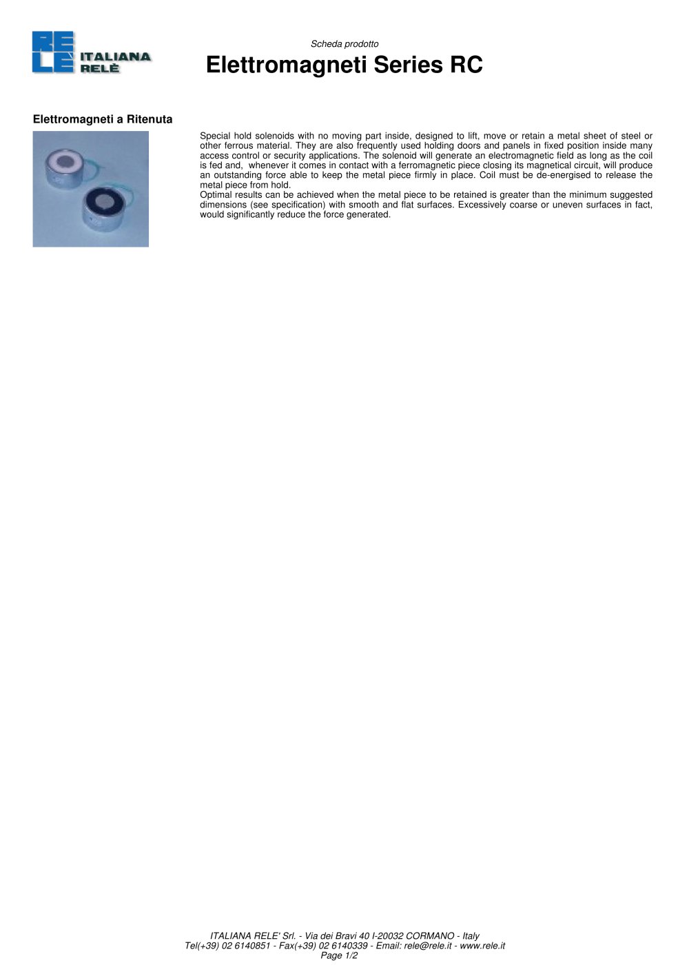 Elettromagneti Latching Solenoids > Series RC - Italiana Rel&egrave;