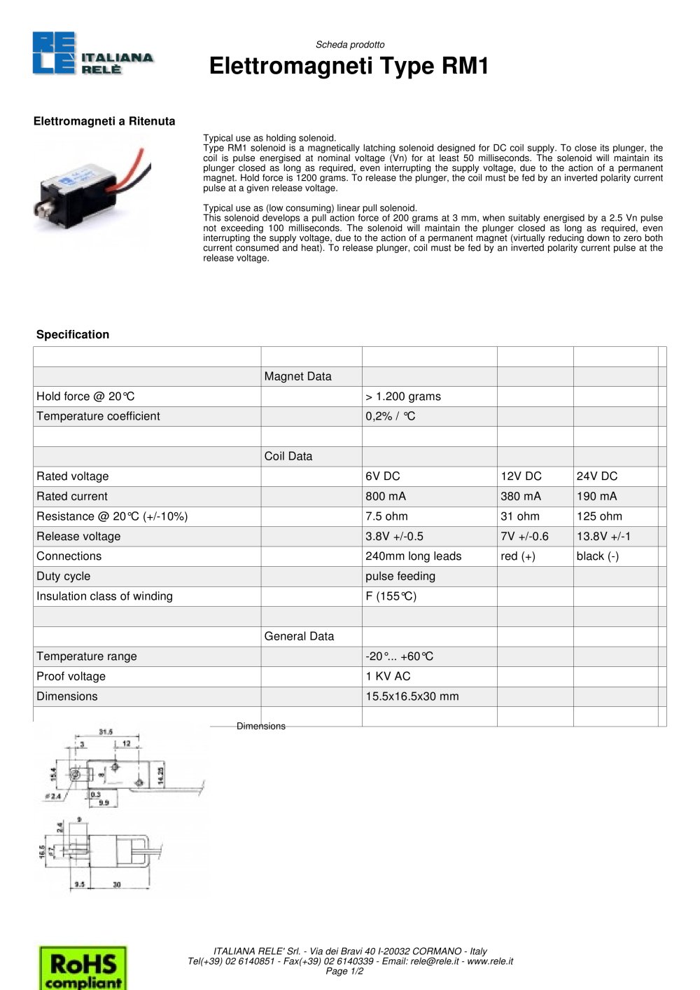 Elettromagneti Latching Solenoids > Type RM1 - Italiana Rel&egrave;