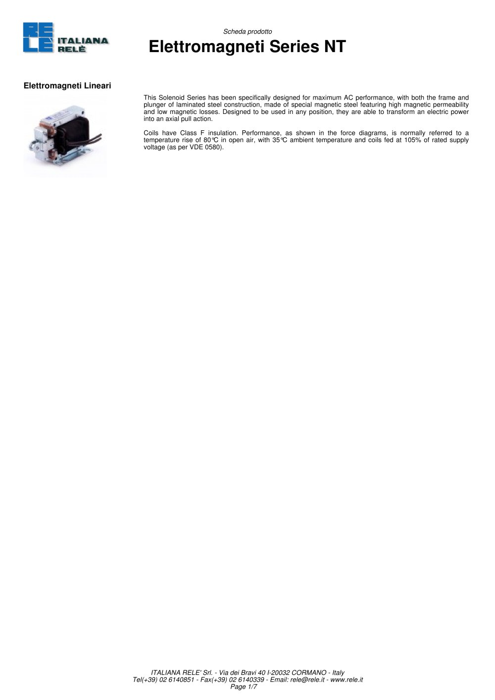 Elettromagneti Linear Solenoids > Series NT - Italiana Rel&egrave;