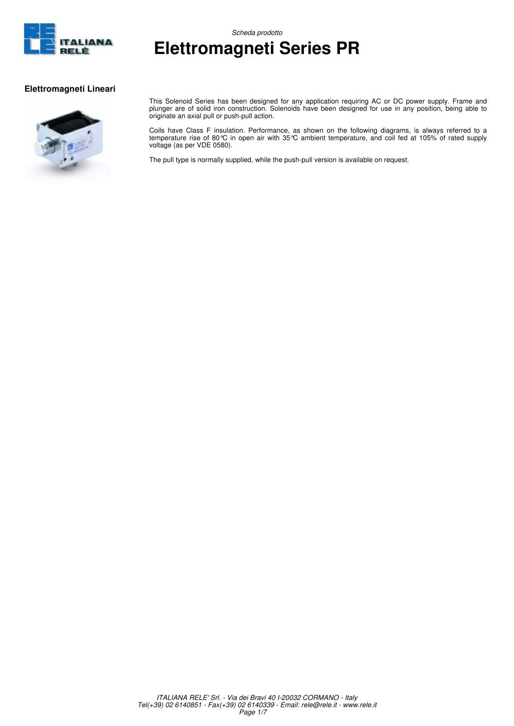 Elettromagneti Linear Solenoids > Series PR - Italiana Rel&egrave;