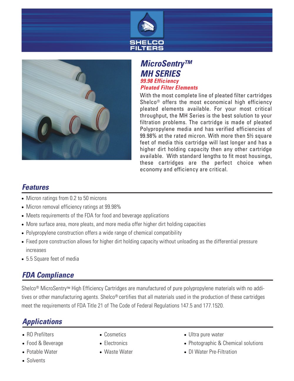 MicroSentry�- MH SERIES 99.98% Efficiency - Pleated Filter Elements - Shelco Filters