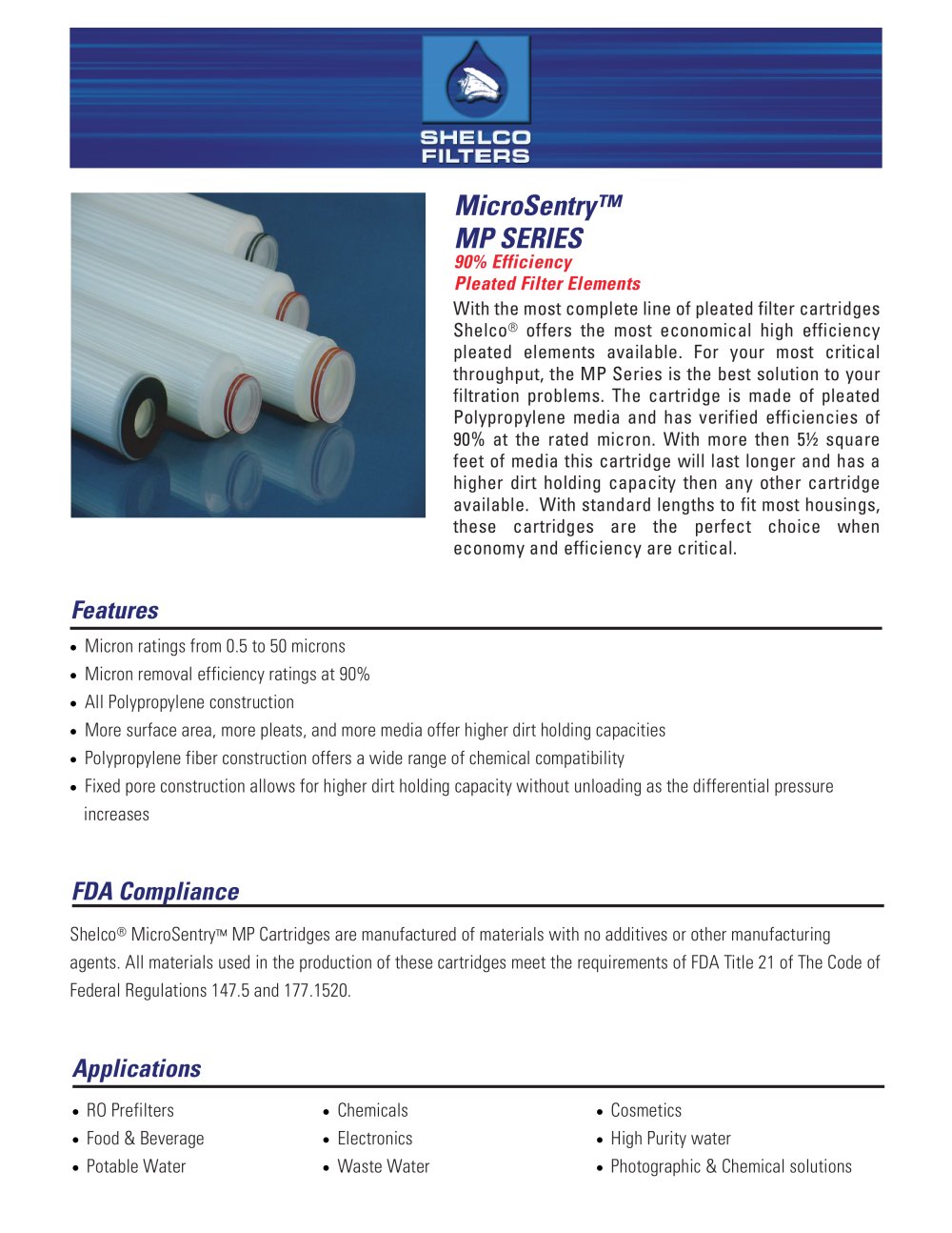 MicroSentry�- MP SERIES 90% Efficiency Pleated Filter Elements - Shelco Filters