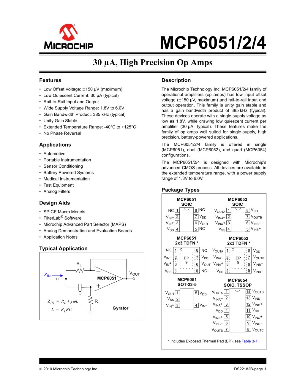 30 &micro;A, High Precision Op Amps (MCP6051/2/4) - Microchip Technology