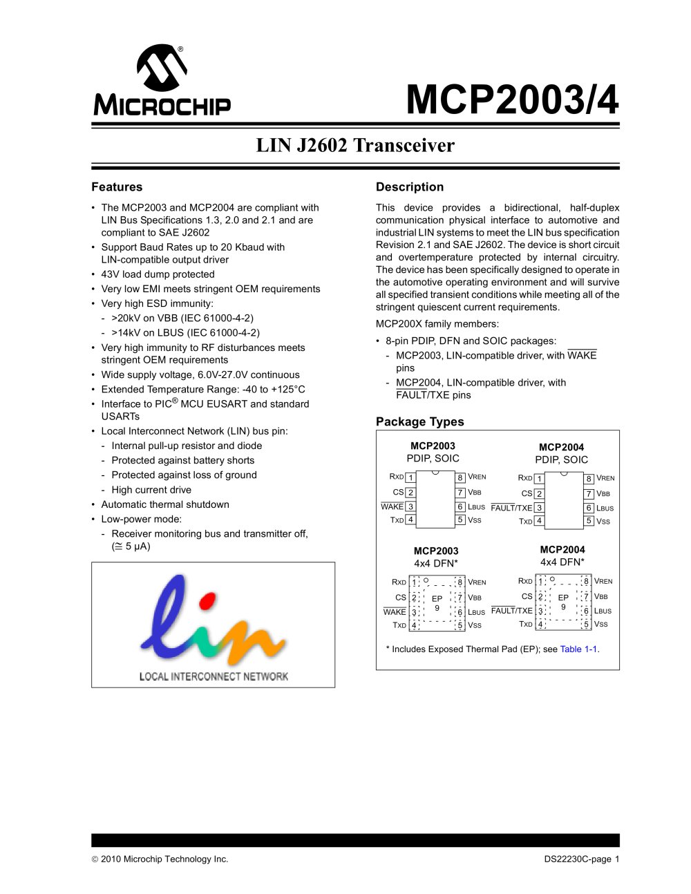 LIN J2602 Transceiver - Microchip Technology
