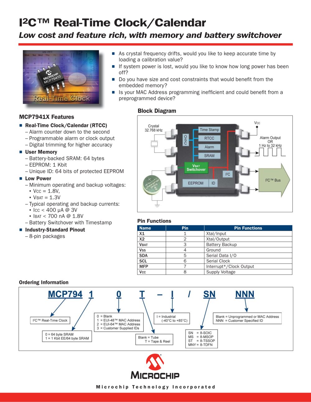MCP794XX I2C� RTCC Brochure - Microchip Technology