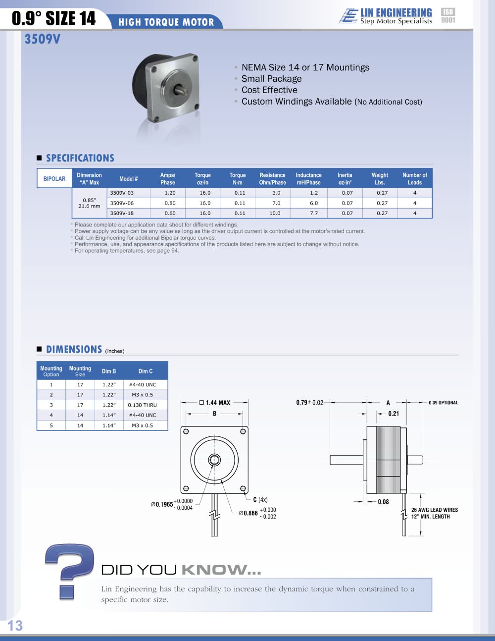 HIGH TORQUE MOTOR 3509V - Lin Engineering