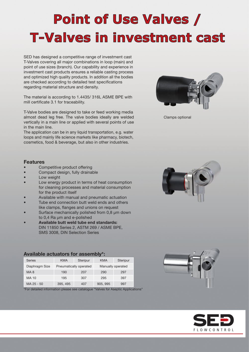 Point-of-Use Valves / T-Valves in investment cast - SED Flowcontrol