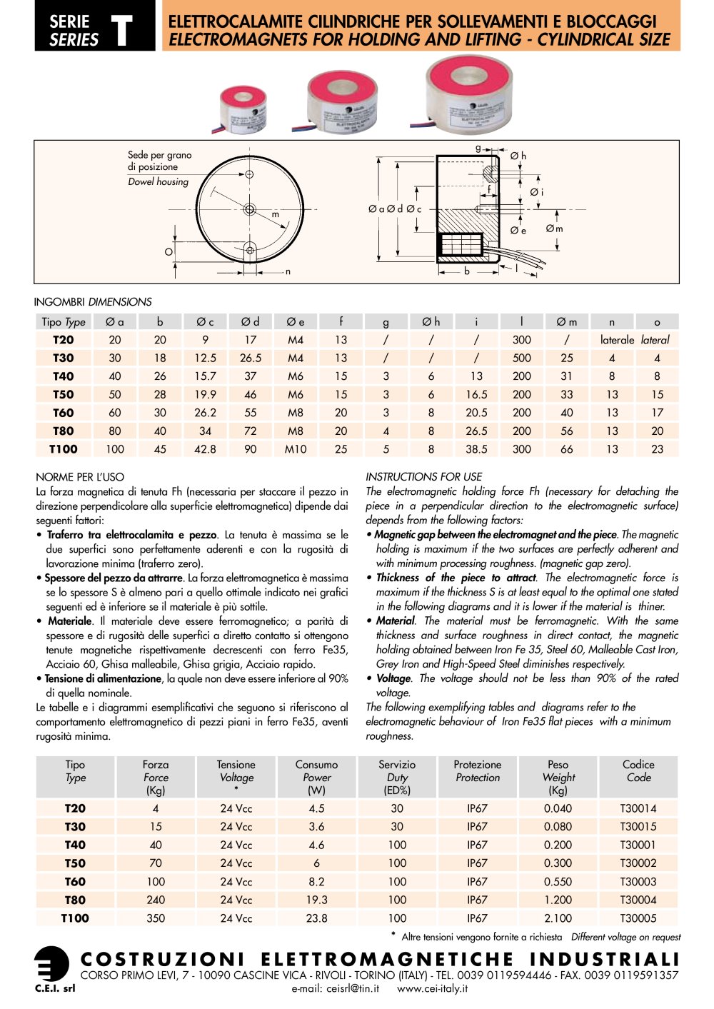 ELECTROMAGNETS FOR HOLDING AND LIFTING T TYPE- CYLINDRICAL SIZE - C.E.I.
