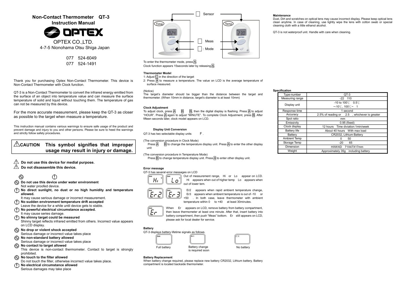 Portable Thermometer QT-3 - OPTEX Measurement Division