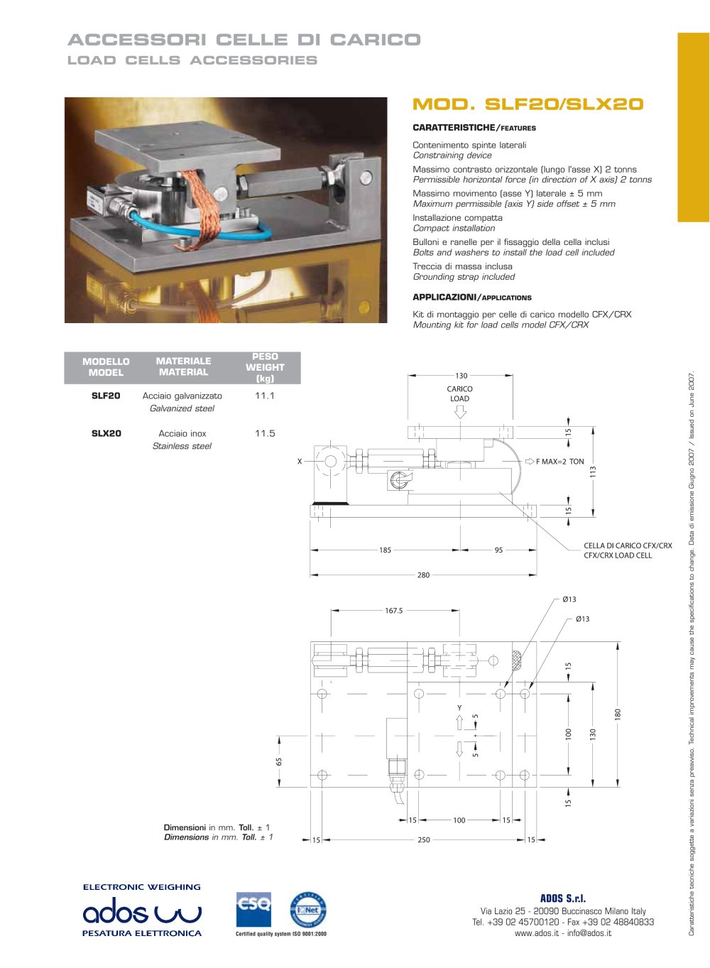 LOAD CELLS ACCESSORIES SLF20/SLX20 - ADOS
