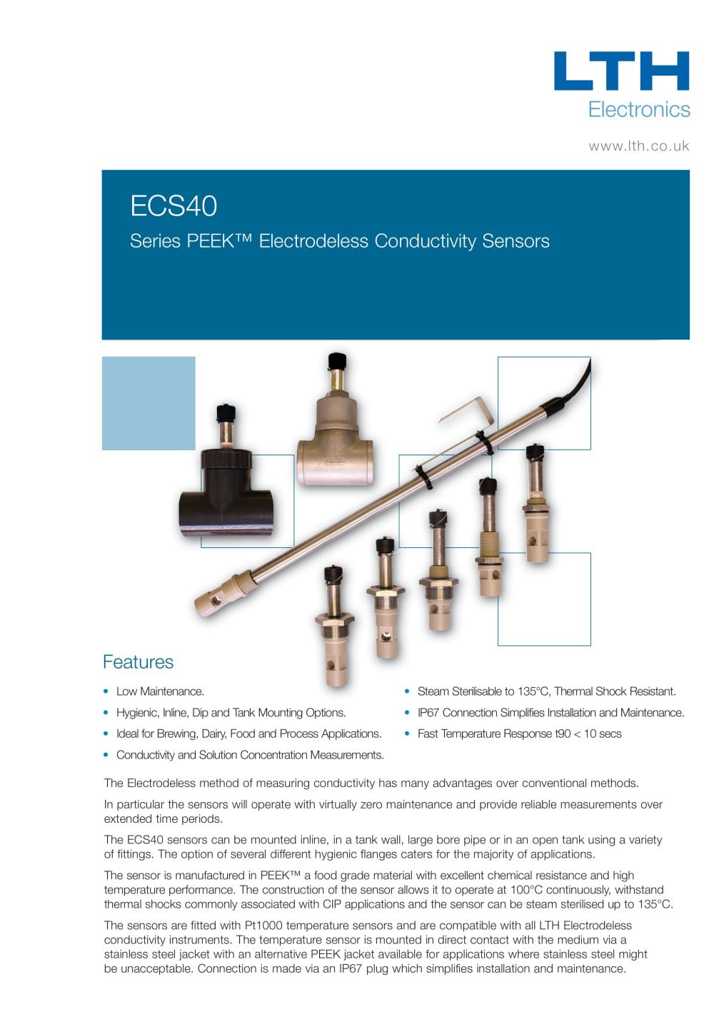 ECS40 Series    PEEK Electrodeless Conductivity sensors for High Temperature Applications - LTH Electronics