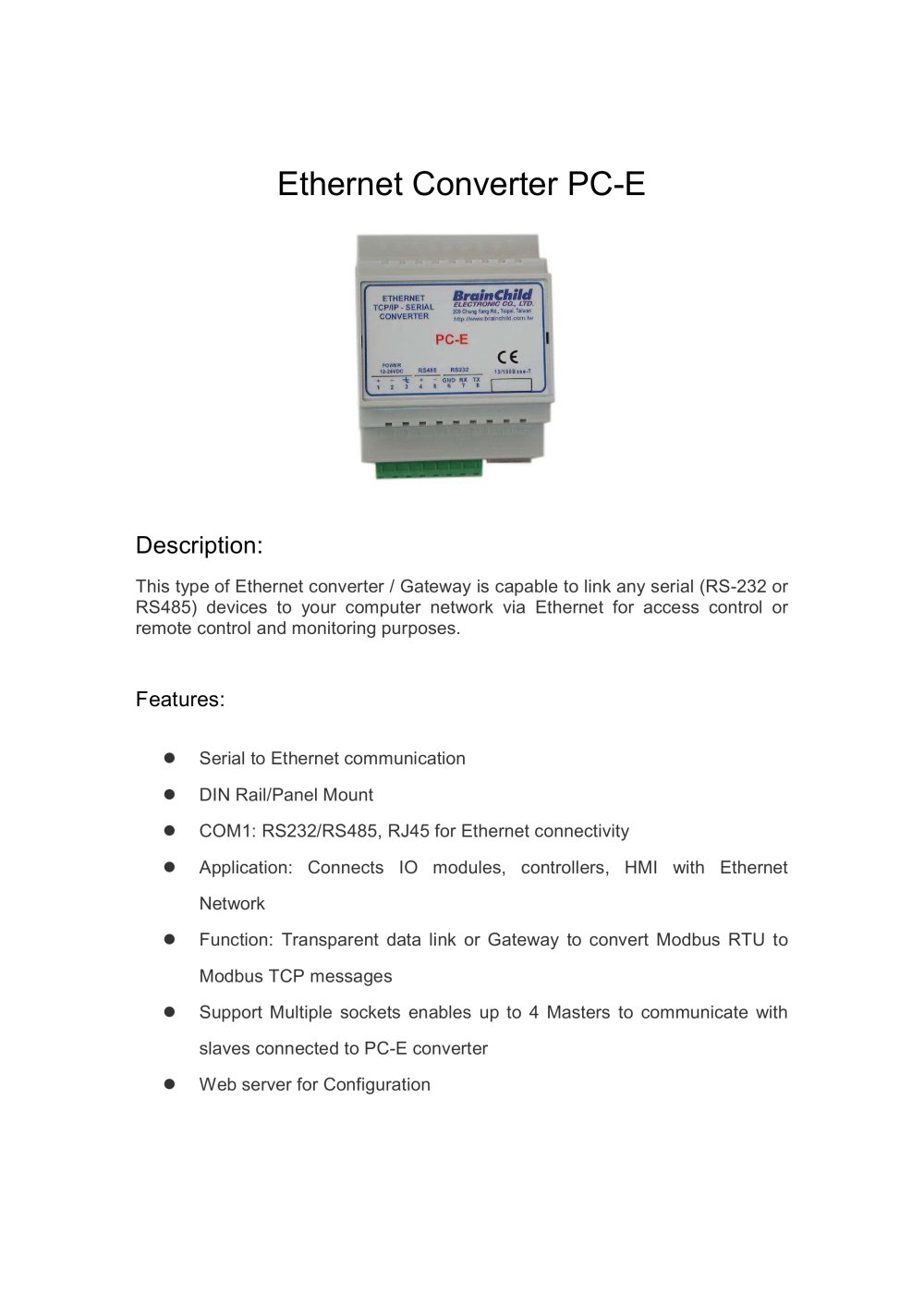 PC-E Ethernet Converter(RS-232/485 to Ethernet) - BRAINCHILD ELECTRONIC