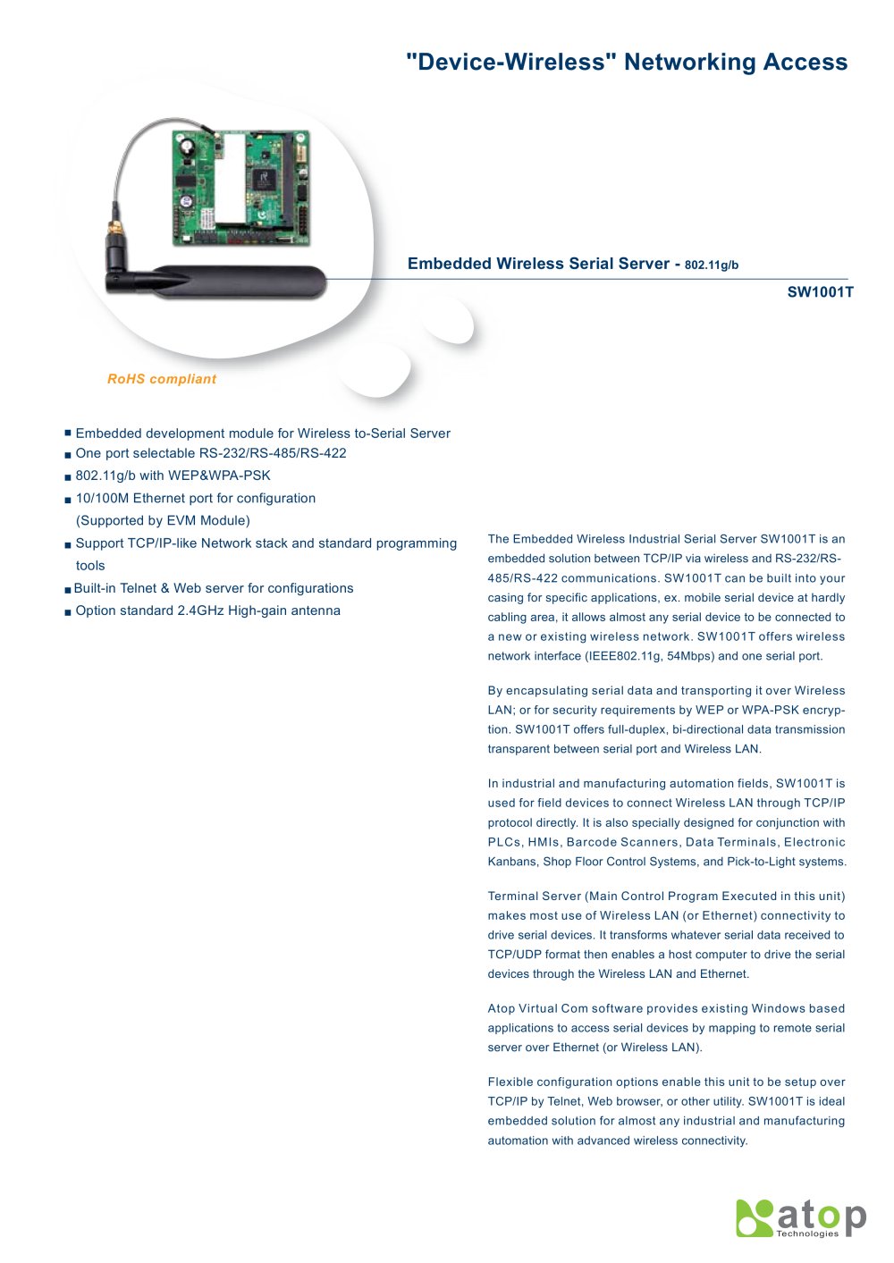 Embedded Wireless Serial Server-SW1001T - Atop Technologies