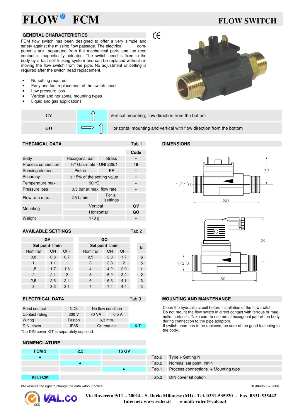 Flow switch - Val.co