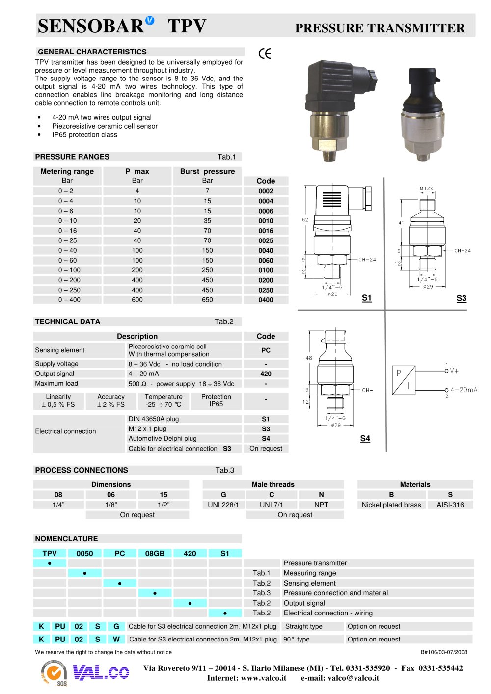 Pressure transducer - Val.co
