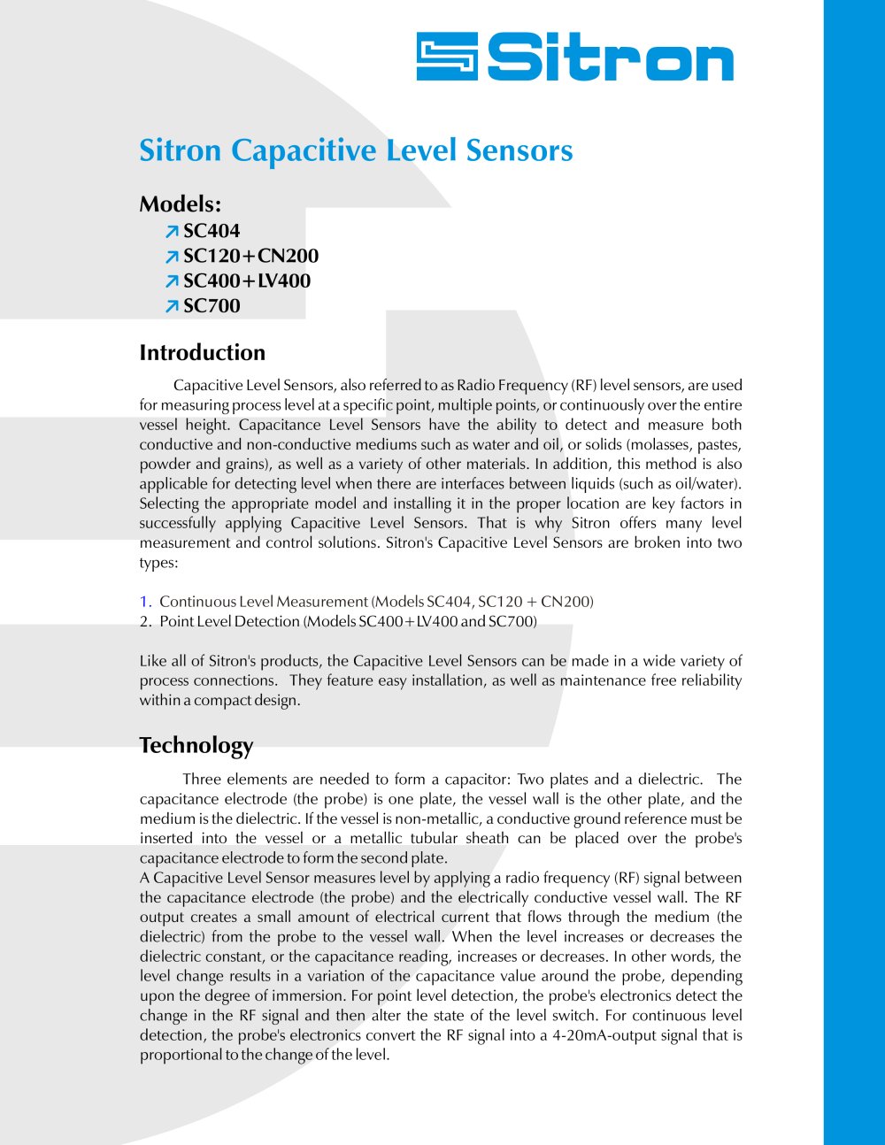 Sitron's Line Of Capacitive Level Sensors and Switches - Sitron